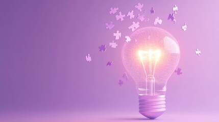 Wall Mural - A glowing light bulb surrounded by purple puzzle pieces, symbolizing creativity and ideas.