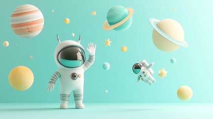 Canvas Print - A whimsical scene featuring an astronaut with planets and stars in a playful, colorful space.