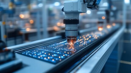 Poster - Advanced robotic arm assembling components in a modern facility during daylight hours
