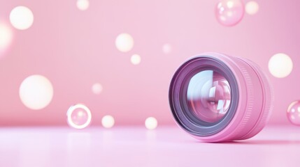 Poster - A pink camera lens on a pastel background with bubbles, symbolizing photography and creativity.