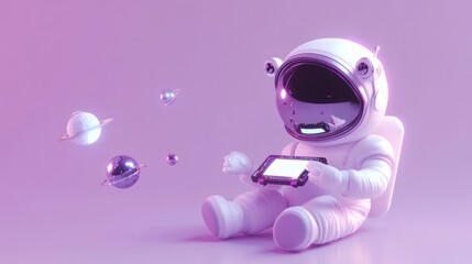 Wall Mural - A cute astronaut character playing with a tablet amidst floating planets in a colorful space setting.