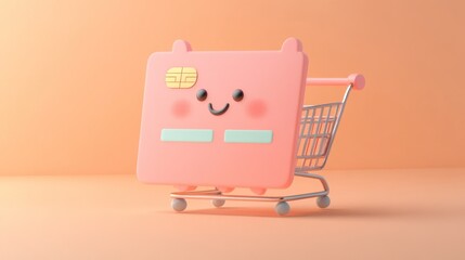 Canvas Print - A cute pink credit card with a smiling face in a shopping cart against a pastel background.