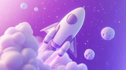 Wall Mural - a stylized rocket launching through clouds in a colorful space scene.