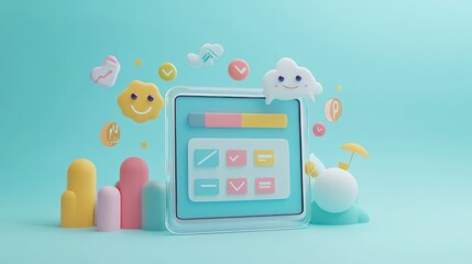 Canvas Print - A colorful 3D illustration of a digital interface with playful icons and elements.