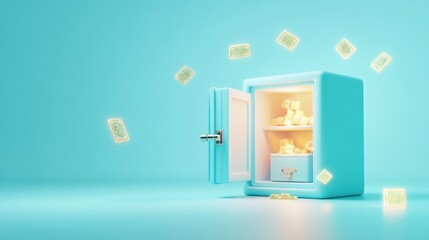 Wall Mural - A whimsical blue fridge with glowing ice cubes, suggesting freshness and fun.