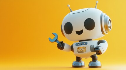 Wall Mural - A cheerful robot holding a wrench against a bright yellow background.