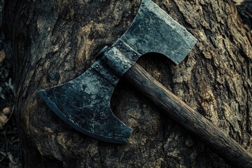 A Weathered Double-Headed Axe Resting on Rough Bark