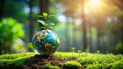 Poster - Earth Day concept with plant growing on globe in lush green forest environment