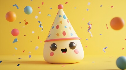 Wall Mural - A cheerful party hat character with a smiling face, surrounded by colorful confetti and balls.