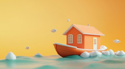 Sticker - A whimsical houseboat floats on stylized waves with small fish, creating a playful scene.