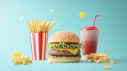 Wall Mural - A colorful fast-food scene featuring a burger, fries, and a drink.