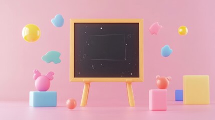 Poster - A colorful, playful scene featuring a chalkboard and geometric shapes on a pink background.