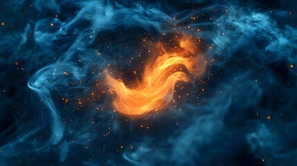 Poster - Abstract Fire and Smoke Background, Dark Blue, Orange Sparks