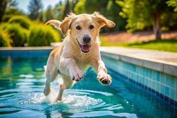 Adorable golden labrador retriever puppy plays excitedly in outdoor swimming pool, jumping and diving deep down, showcasing joyful summer fun with family pet.