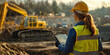 © Worakit - Construction site female engineer safety helmet clipboard heavy machinery excavator workwear outdoor project management surveying construction worker industrial site teamwork planning technology site