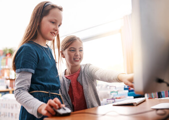 Aufkleber - Computer, education and online with children in classroom for technology, future and digital library. Learning, internet and study portal with students at school for connection, research and project