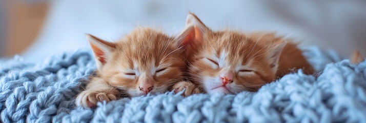 Cute ginger little red kitten sleeps on fur blue plaid. Baby cats sleeping together. Tabby kitten lying under knitted blanket. Two feline cuddling, hugging. Domestic animal. Cozy nap time. Home pet