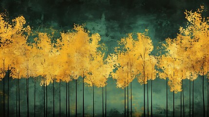 Wall Mural - A stylized depiction of golden trees against a dark green background, evoking a serene, autumnal atmosphere.