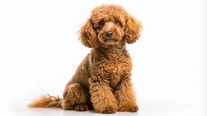 Poster - Adorable brown poodle with curly fur sits against a clean white background, leaving ample copy space for text or design, perfect for pet or animal-themed projects.