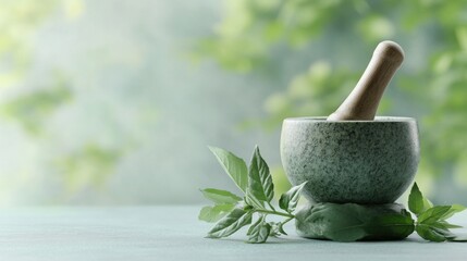 Healthcare education concept featuring a mortar and pestle placed on a clean background symbolizing traditional medicine and academic achievement