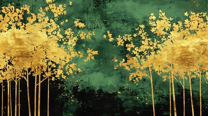 Wall Mural - A serene abstract landscape featuring golden trees against a rich green background, evoking tranquility and nature.