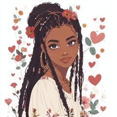 Wall Mural - An illustration of the most beautiful  woman with box braids, in the clipart style with boho decorations on a white background