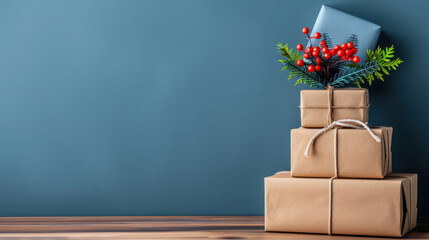 Stacked gift boxes wrapped in brown paper, adorned with holiday decorations and red berries, against a minimalist blue background.