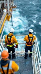 Two workers in safety gear overlook the ocean from an offshore platform, showcasing teamwork and industrial safety at sea.