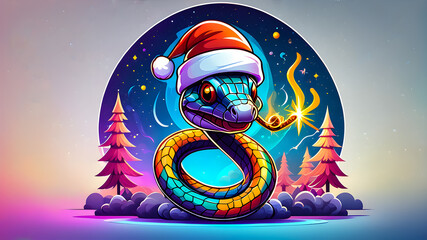 Wall Mural - year of the snake. cartoon snake in a New Year's hat on a New Year's background.	