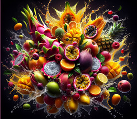 A dynamic explosion of vibrant, fresh fruit with splashing water droplets against a dark background. The vibrant colors and sense of motion create a refreshing and visually appealing scene that highli