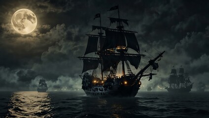 Sticker - 1750 pirate galleon with black sails and golden cannons under a full moon and fog.