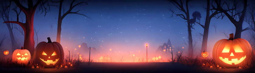 Wall Mural - a halloween scene with two pumpkins and a forest background. the pumpkins are glowing in the dark, c