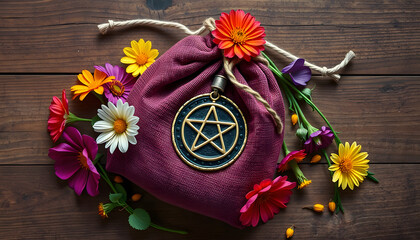 magic witch's bag with pentacle amulet and colorful flowers on wooden background. esoteric concept. Floral magic, witchcraft, occult wiccan ritual. top view isolated with white highlights, png