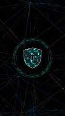 Fototapete - Motion graphic of Blue digital security shield logo with circle futuristic HUD elements and orange line connection with network firewall technology and data secure concept vertical abstract background