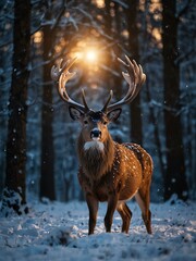 Wall Mural - A majestic deer illuminated in a snowy forest under magical light.