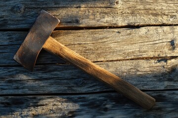 Poster - Rusty Axe Head and Wooden Handle on Weathered Wooden Surface