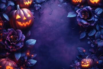 Intricate Halloween flower frame with glowing pumpkins and ghostly vines, set against a deep purple background, eerie and elegant