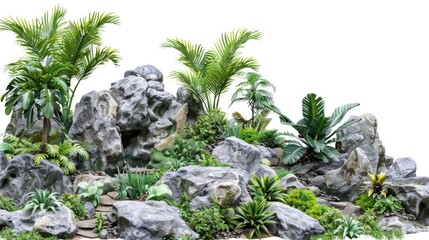 A serene rock garden featuring palm trees and natural surroundings, ideal for use in nature-inspired designs or as a background element