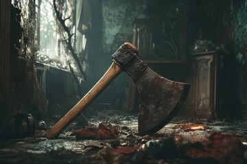 Canvas Print - Rusty Axe Lying on the Floor of an Abandoned Building