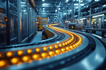 dynamic industrial interior with motionblurred conveyor belt emphasizing speed and automation amidst a backdrop of gleaming machinery and stark lighting