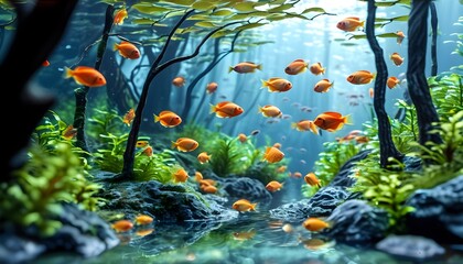 Wall Mural - Underwater Forest Fantasy: Vibrant Fish Swimming in a Lush Mini Aquarium Wonderland