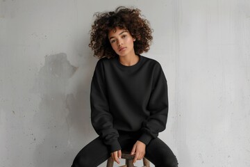 A woman sits comfortably on a stool, wearing a black sweatshirt