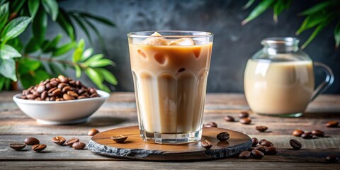 Poster - Close up view of a chilled glass of iced coffee with milk, perfect for a refreshing summer beverage. glass allows the brown liquid and milk to be clearly visible