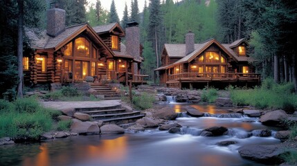 Two charming log cabins stand in a wooded landscape, connected by stone steps. A warm fireplace glows invitingly, surrounded by tranquil nature and a winding stream