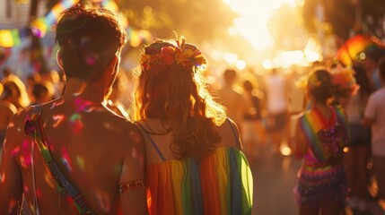 Couple Enjoying Colorful Summer Festival at Sunset