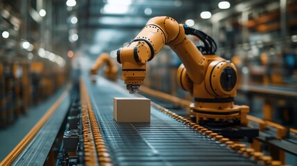 Poster - robotic arm with adaptive grippers handling packages on a conveyor belt in a factory setting