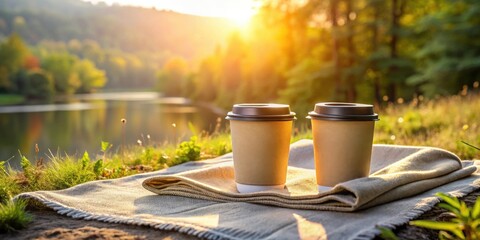 Poster - A cozy coffee break with hot brews in take-away cups on a grey placemat, basking in the morning sunlight with a serene nature view