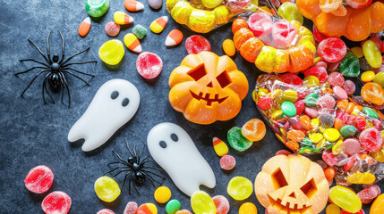 Halloween candy and a ghost on a table. Scene is spooky and festive