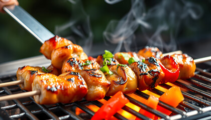 Close up of a closed grill making Souvlaki isolated with white highlights, png