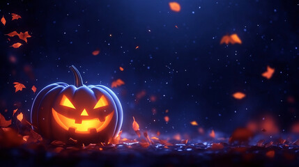 A pumpkin with a scary face is on a dark background with leaves and a star. The pumpkin is lit up, creating a spooky atmosphere